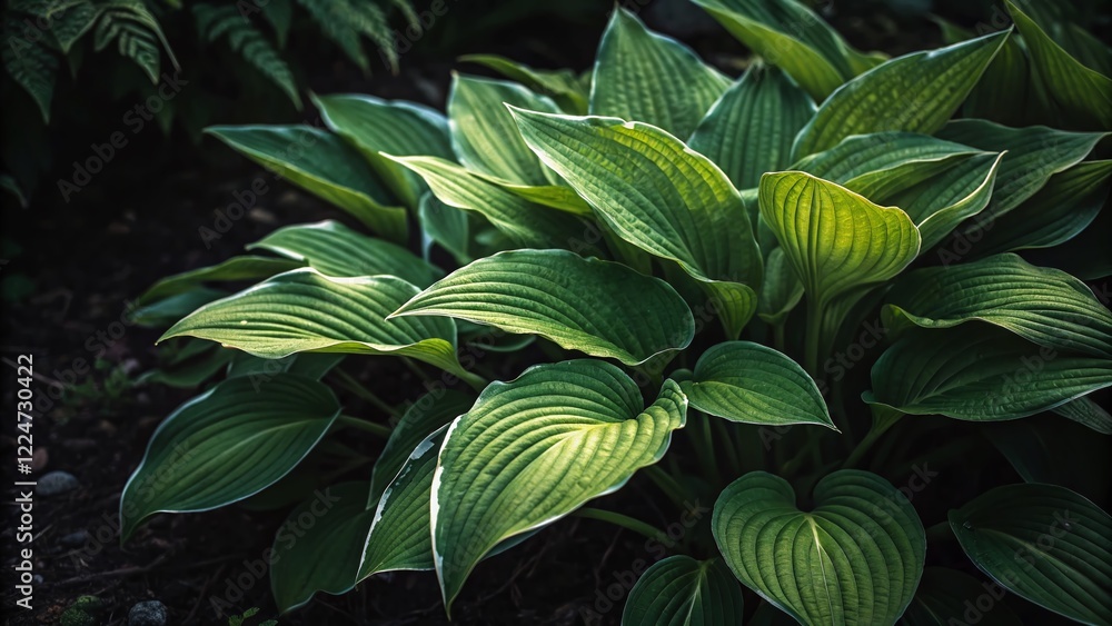 Fototapeta premium Lush Green Hosta Leaves in Low Light - Close-Up Stock Photo