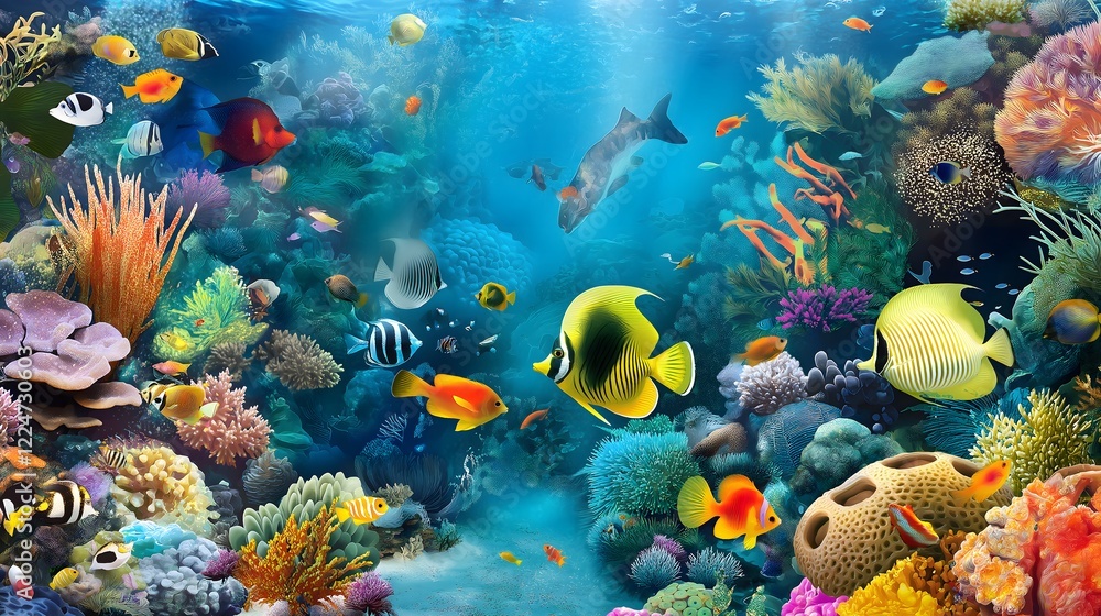 Naklejka premium Vibrant Underwater Coral Reef Marine Life with Tropical Fish, Ocean Nature Photography Aquatic Wildlife Ecosystem Natural Habitat Colorful Seascape