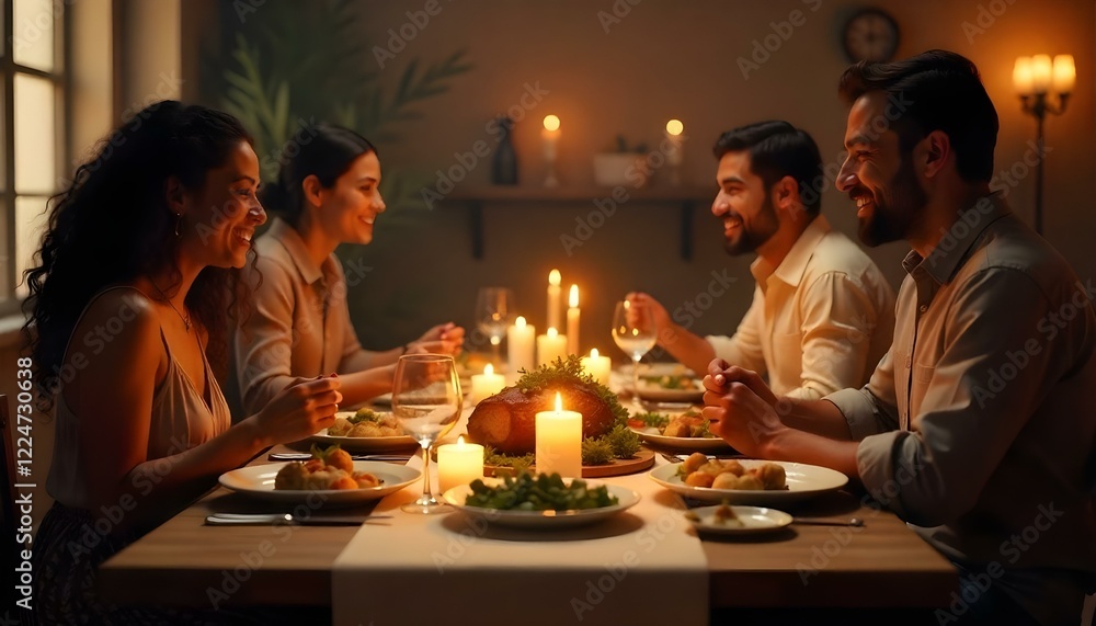 A large family enjoying a shared dinner together, creating a warm and festive atmosphere filled with love and togetherness. A large family enjoying a shared dinner together, creating a warm and festive atmosphere filled with love and togetherness.