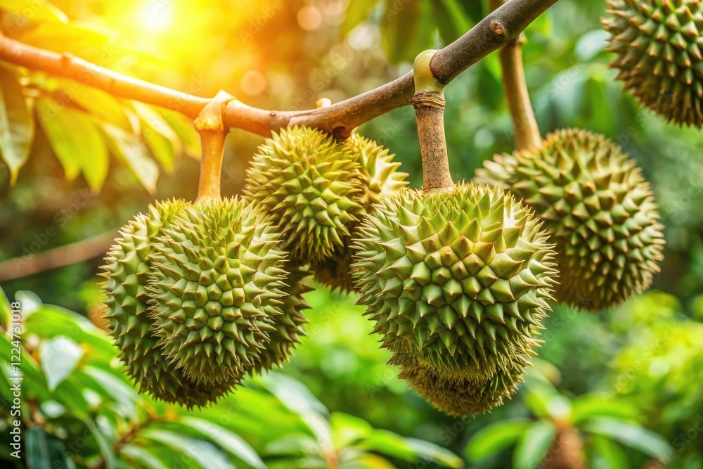 Ripe durian, a Southeast Asian delicacy, hangs heavy on the branch, its pungent aroma a tropical hallmark. Ripe durian, a Southeast Asian delicacy, hangs heavy on the branch, its pungent aroma a tropical hallmark.