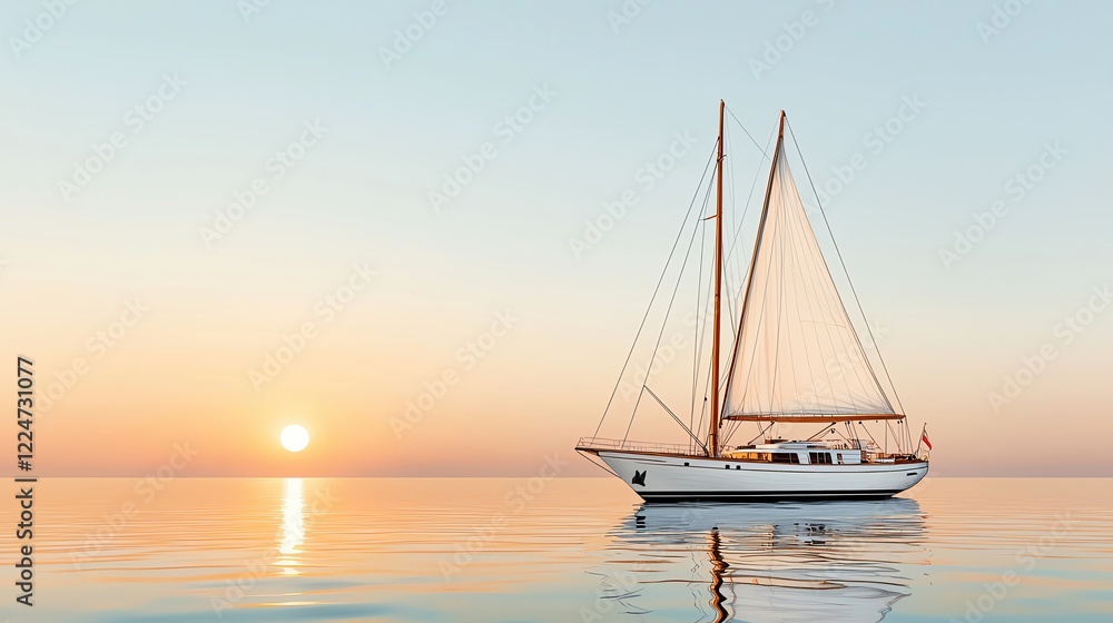 Luxury Yacht sailing concept. Elegant yacht cruising at sunrise, drawn in pencil color with detailed textures and vibrant reflections of the sun on the water Luxury Yacht sailing concept. Elegant yacht cruising at sunrise, drawn in pencil color with detailed textures and vibrant reflections of the sun on the water