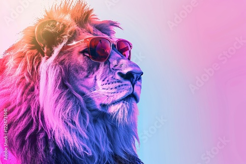 A regal lion sporting regal shades, ideal for editorial use.blank templated, rule of thirds, space for text, isolated white background neon light, extreme right, rule of third photo