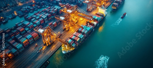 Aerial view container cargo ship at port. Export import global transport port business. Generative AI technology.	
