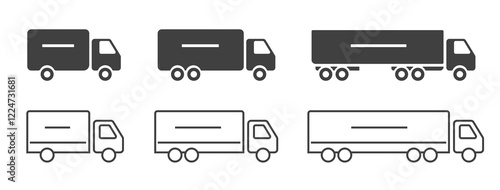 Commercial truck cargo freight delivery silhouette shape icon vector simple graphic, logistics shipping transportation mini van vehicles set, line stroke outline heavy auto cars pictogram image
