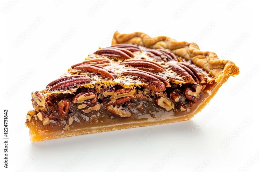 Delicious slice of homemade pecan pie with glossy filling, set against a clean white background highlighting its texture isolated on transparent background Delicious slice of homemade pecan pie with glossy filling, set against a clean white background highlighting its texture isolated on transparent background