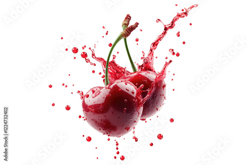 Fresh cherries with red juice splash isolated on white or transparent, PNG