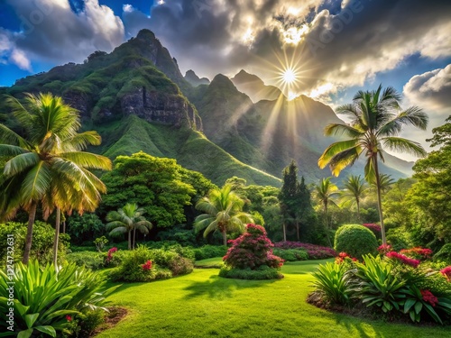 Lush Green Valley at Ho'omaluhia Botanical Garden, Oahu, Hawaii photo