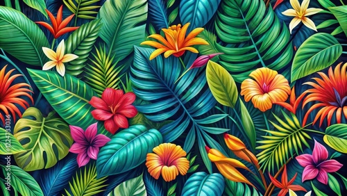 Wallpaper Mural Colorful tropical leaf seamless background with exotic flowers and vines Torontodigital.ca
