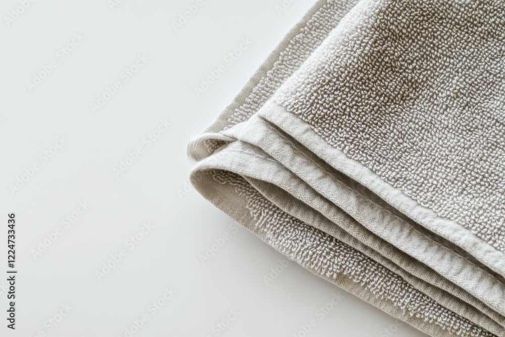 Folded beige towel on white background, minimalist Folded beige towel on white background, minimalist