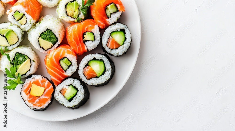 A plate of assorted sushi rolls including salmon, avocado, and cucumber. A plate of assorted sushi rolls including salmon, avocado, and cucumber.