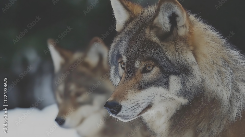 Obraz premium Intense Close-up Portrait of Wild Wolf Pair in Natural Forest Habitat, Wildlife Nature Photography Predator Animal Face Expression Detail Showing Natural Behavior