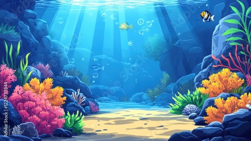 Fototapeta Naklejka Na Ścianę i Meble -  Modern illustrated cartoons of coral reefs, seaweed, and rocks on ocean floor. Tropical flora and sunbeams illuminate water's surface in aquarium or sea