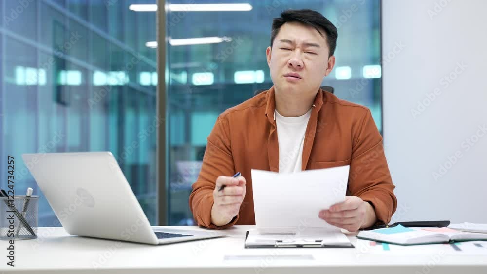 Overworked upset asian businessman is tired of doing paperwork sitting at workplace at desk in modern business office. Lazy exhausted man worker holds a document, procrastinates, gets distracted Overworked upset asian businessman is tired of doing paperwork sitting at workplace at desk in modern business office. Lazy exhausted man worker holds a document, procrastinates, gets distracted