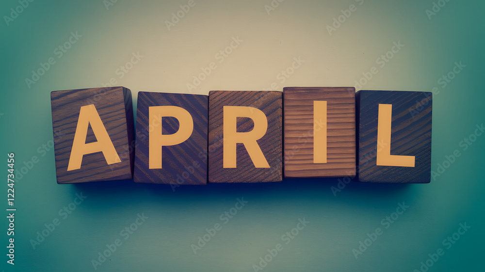 Obraz premium April Wood Block Words on Gradient Background