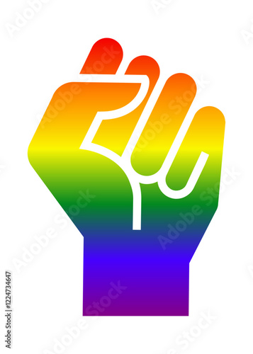 Logo lgbt. Mes del orgullo. Silueta aislada de puño cerrado levantado con degradado con los colores de la bandera arco iris