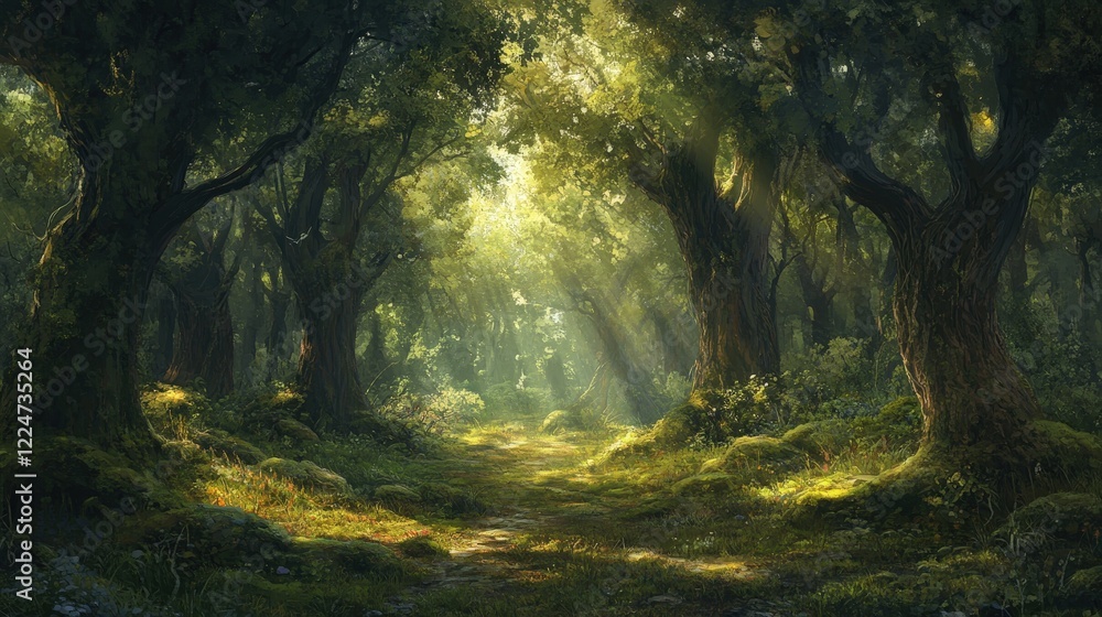 Sun rays shining through trees in a misty forest during sunrise Sun rays shining through trees in a misty forest during sunrise