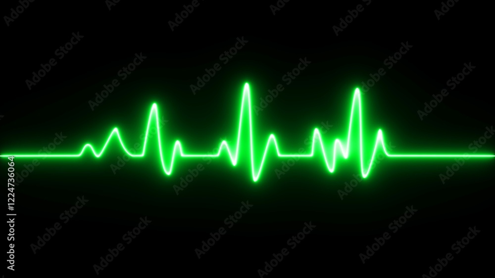 Neon line heartbeat sign on black background. Heartbeat forming a heart symbol. Glowing neon green color heartbeat rate and pulse line. Neon line heartbeat sign on black background. Heartbeat forming a heart symbol. Glowing neon green color heartbeat rate and pulse line.