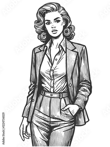 woman in suit and open shirt, businesswoman empowerment and style sketch engraving generative ai fictional character vector illustration. Scratch board imitation. Black and white image.