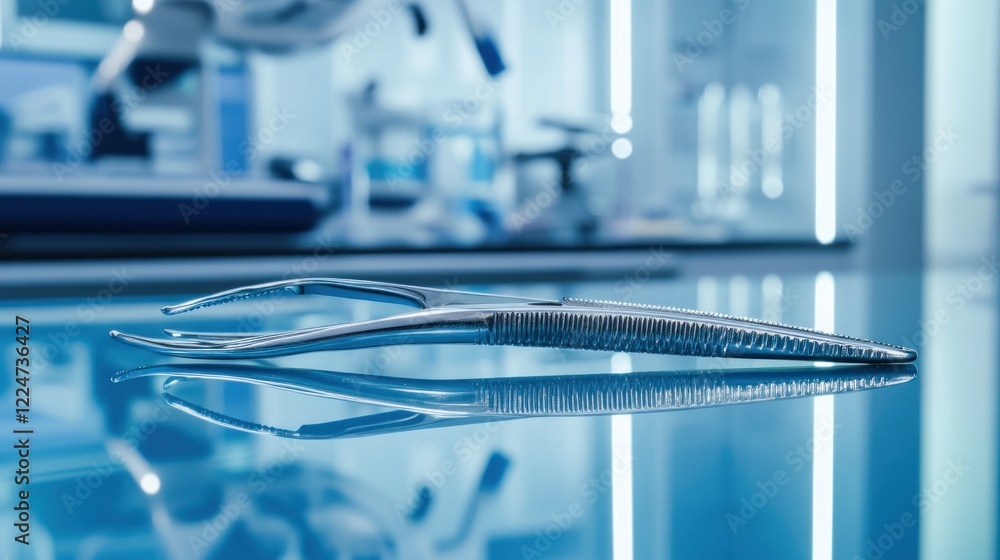 A surgical tool lies on a reflective surface in a modern medical environment. A surgical tool lies on a reflective surface in a modern medical environment.