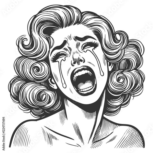 distressed woman with voluminous hair, crying intensely with tears streaming down her face in anguish sketch engraving generative ai vector illustration. Scratch board imitation. Black and white image
