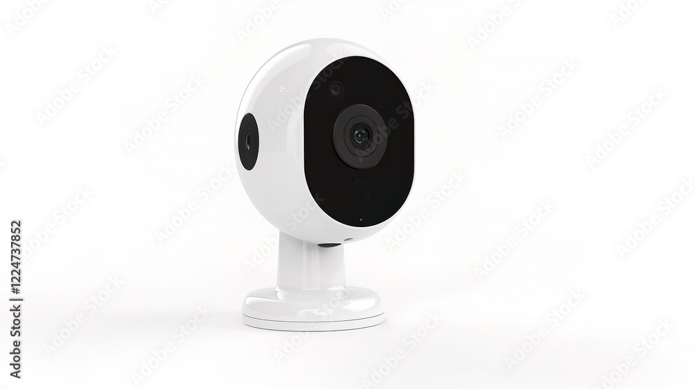 A prominent surveillance camera set against a clean white background A prominent surveillance camera set against a clean white background