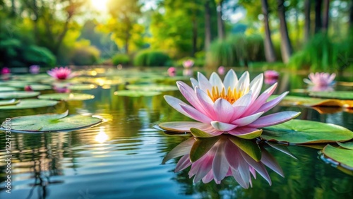 water lily pond serene peaceful atmosphere,, serene lake