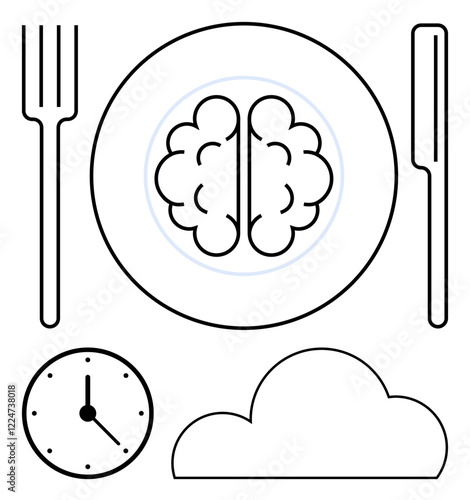 Brain on plate with fork and knife, clock indicating time, and cloud symbol. Ideal for mental health, mindfulness, time management, brain food, cognitive science meditation wellness. Line metaphor