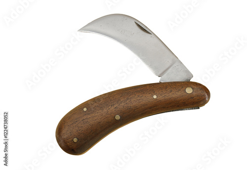 folding pruning knife with curved long blade on white background