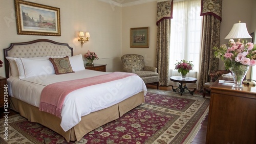 Luxurious Master Bedroom Interior: Elegant White Bed, Pink Throw, Ornate Furniture & Floral Decor