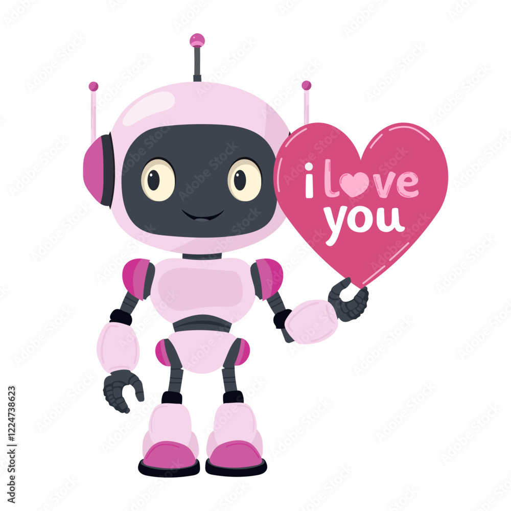 Сharming friendly robot in soft pink tones holding Сharming friendly robot in soft pink tones holding