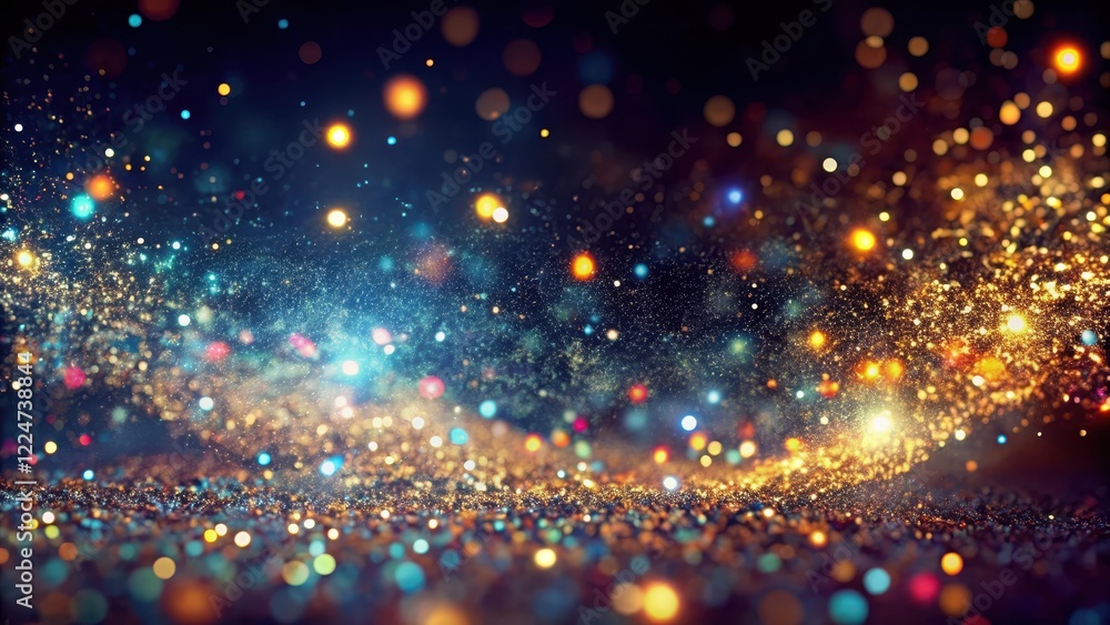 Glittering particles suspended in slow motion against a dark background, with intricate patterns and colors