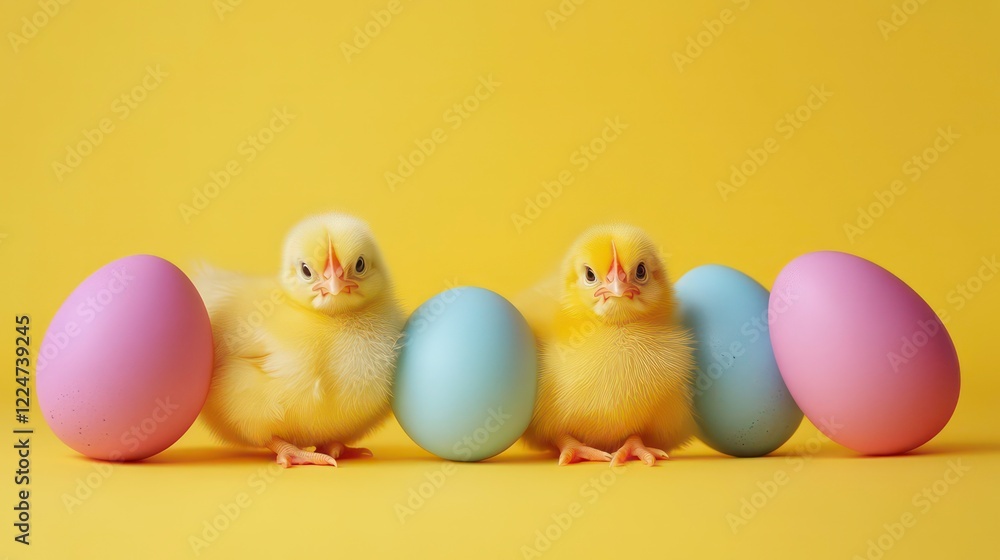 Colorful easter eggs and fluffy baby chickens on bright yellow background, chickens, easter, eggs, colorful Colorful easter eggs and fluffy baby chickens on bright yellow background, chickens, easter, eggs, colorful