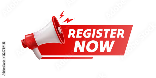 Register now message, megaphone announces news, banner service. Vector illustration