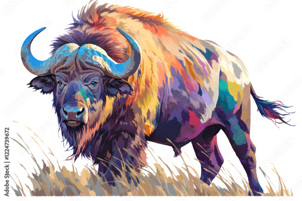 Fototapeta premium A colorful illustration of a bull, buffalo, bison on transparent background, vector art style.