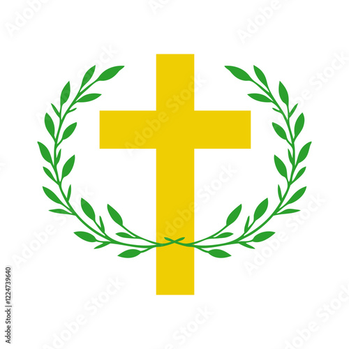 Logo con silueta de cruz cristiana en corona de laurel. Icono de cruz religiosa