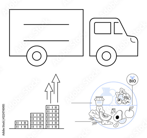 Delivery truck vector near graph with upward arrows symbolizing business growth. Circle of organic foods includes vegetables, fruits, dairy, and meat. Ideal for logistics, sustainability, health