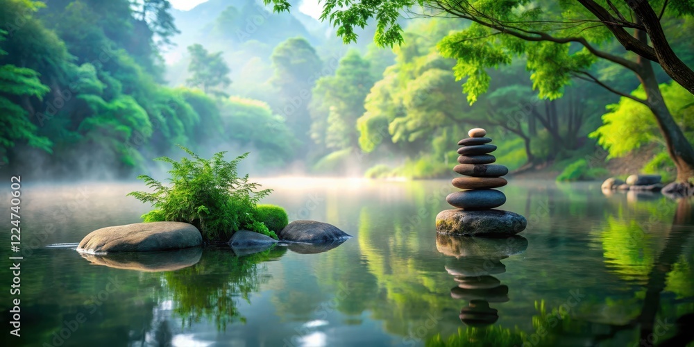 Naklejka premium Peaceful Zen moment amidst nature's serenity with balancing pebbles next to a misty lake surrounded by serene trees and lush greenery, mystical atmosphere, harmony in nature