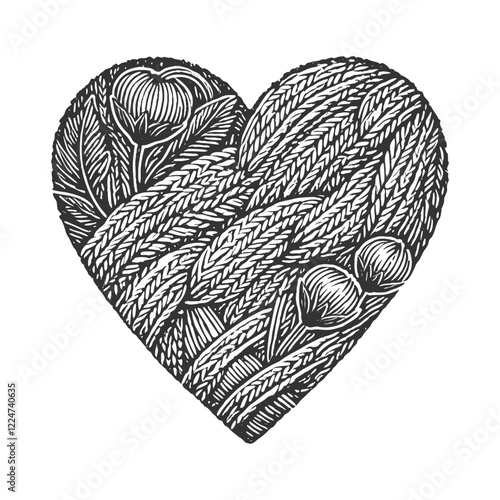 yarn balls intricately shaped into a heart, adorned with knitting needles and small heart accents sketch engraving generative ai vector illustration. Scratch board imitation. Black and white image.