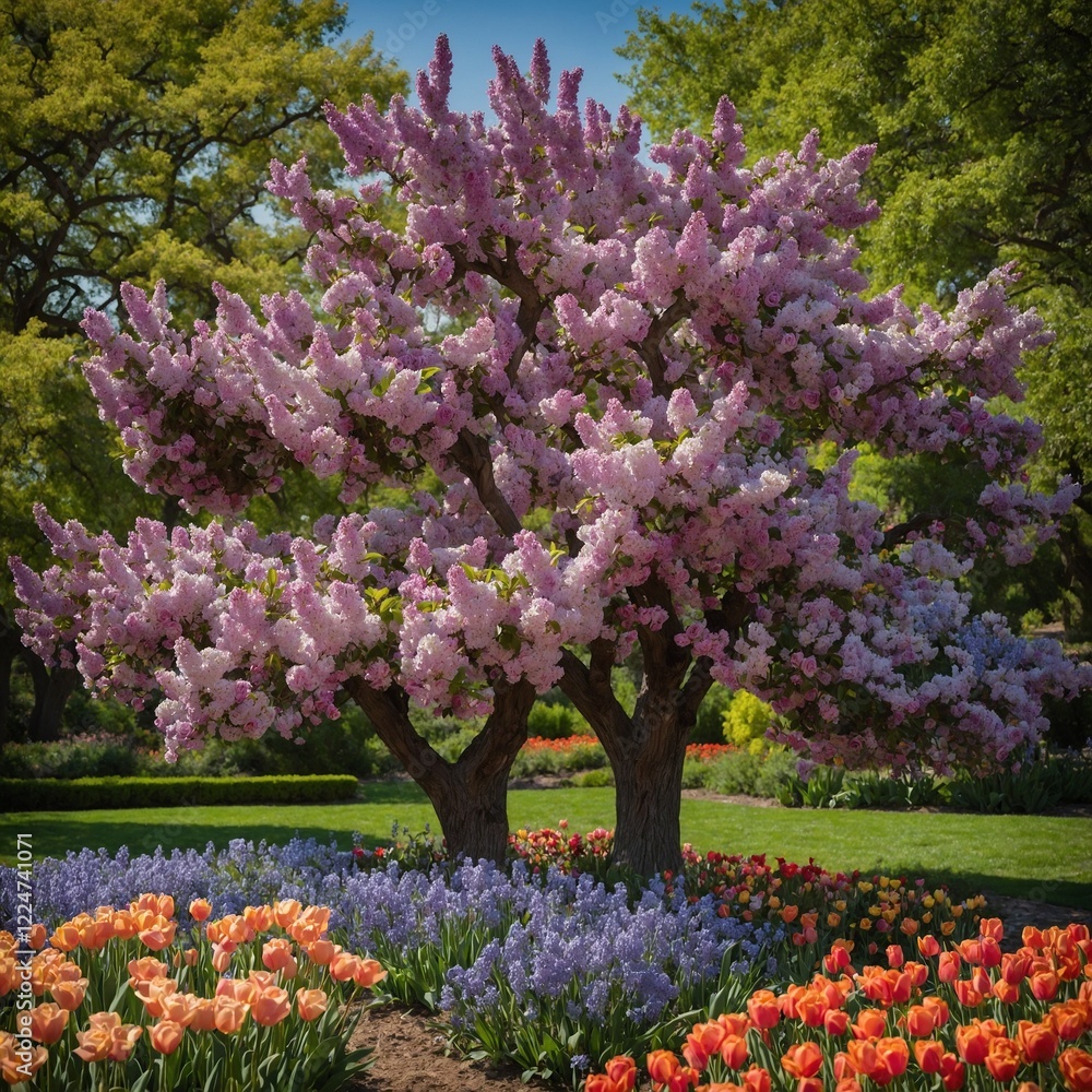 Obraz premium A stunning flowering tree covered in lilac blooms, surrounded by a colorful garden of roses and tulips.