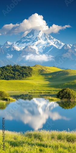 Majestic snowcapped mountains reflected in tranquil lake at sunrise wide landscape perspective