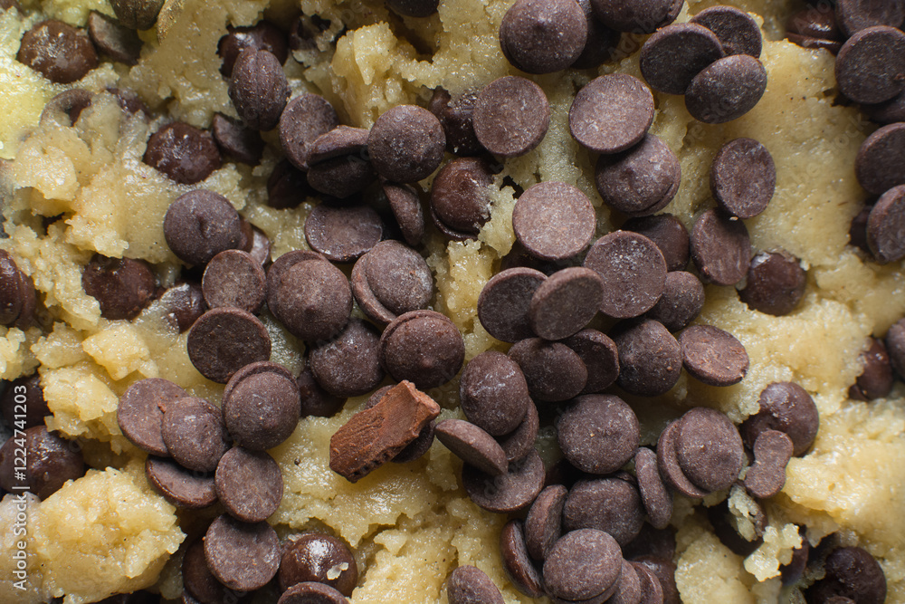 Overhead view of chocolate chip cookie dough, top view of homemade chocolate chip cookie dough in a bowl on a white background, process of making chocolate chip cookies Overhead view of chocolate chip cookie dough, top view of homemade chocolate chip cookie dough in a bowl on a white background, process of making chocolate chip cookies