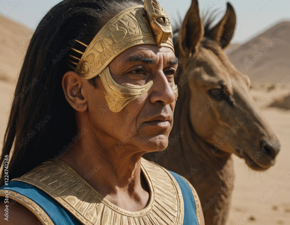 Obraz premium An ancient ruler in regal attire stands next to a horse in a desert landscape during sunset. Generative AI
