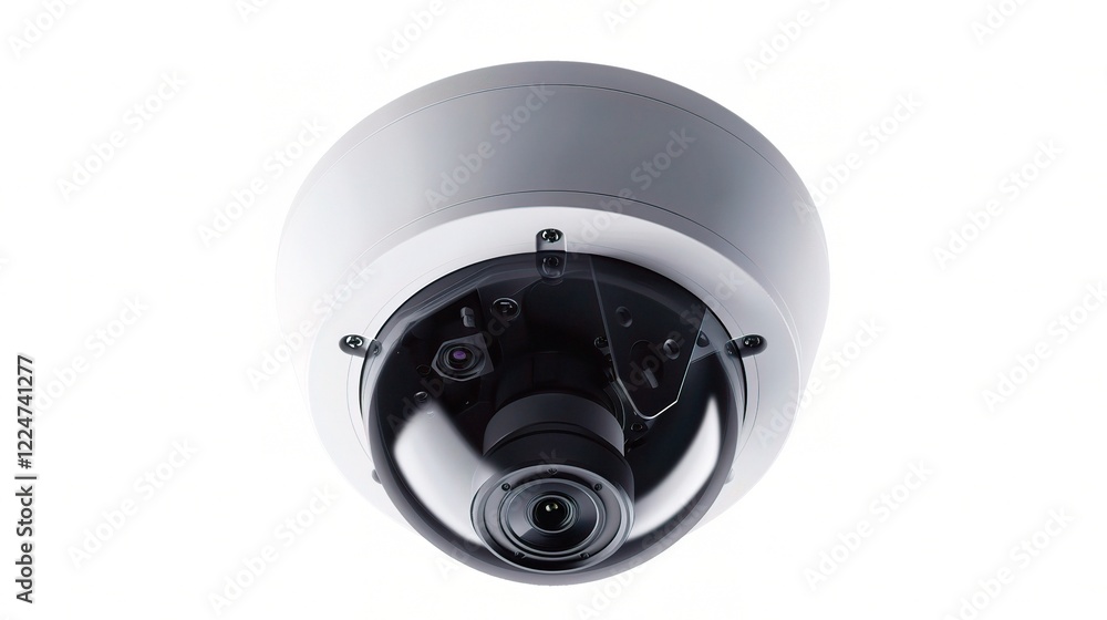 A prominent surveillance camera set against a clean white background A prominent surveillance camera set against a clean white background