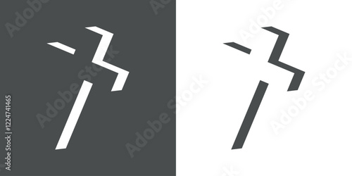 Logo con cruz cristiana en perspectiva tridimensional en espacio negativo. Icono de cruz religiosa