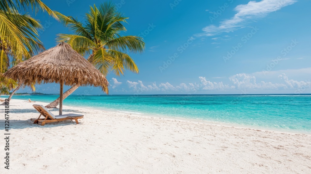Tropical beach relaxation lounge chair under palm trees, turquoise ocean. Vacation getaway image Tropical beach relaxation lounge chair under palm trees, turquoise ocean. Vacation getaway image