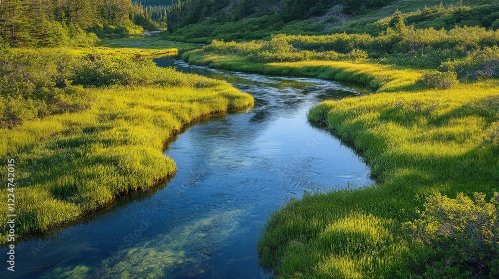 A peaceful river flowing through a green forest with mountains in the distance and clear reflections in the water A peaceful river flowing through a green forest with mountains in the distance and clear reflections in the water