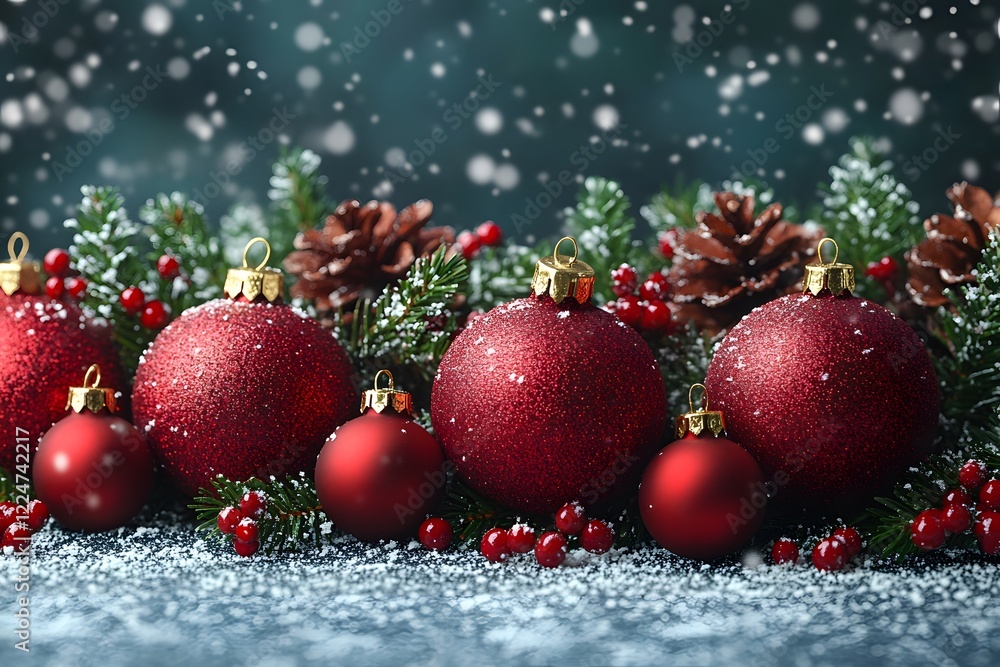 Naklejka premium Festive Christmas Scene with Red Baubles and Snowy Pine Cones for Holiday Decor