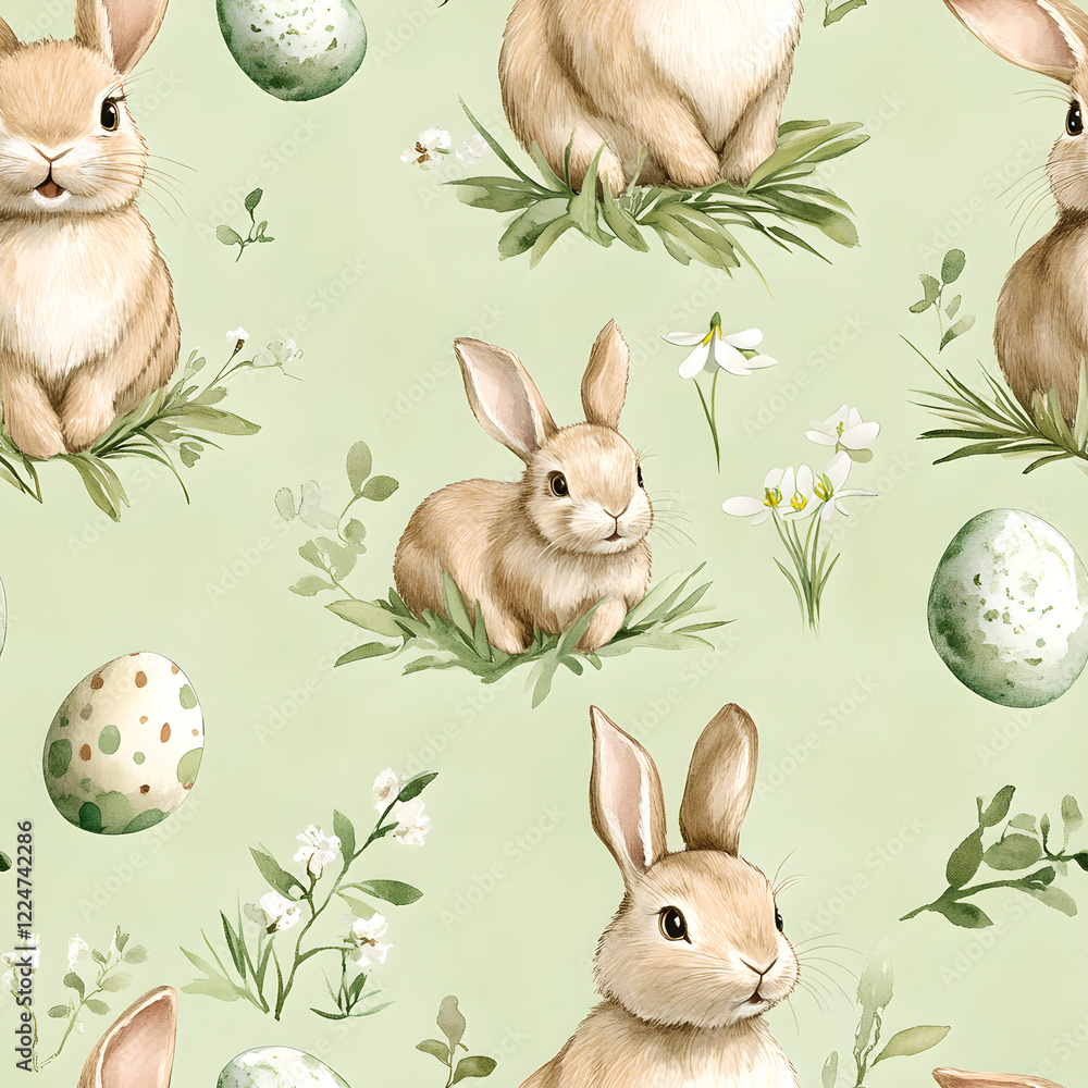 Fototapeta premium Spring green bunny seamless pattern watercolor eggs foliage joyful Easter theme