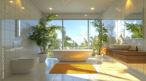 Modern bathroom design  tropical view  sunlight