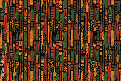 Abstract geometric seamless pattern background with simple geometric hand drawn shapes and lines. Africa inspired wallpaper, backdrop, print for Kwanzaa, Juneteenth, Black History Month